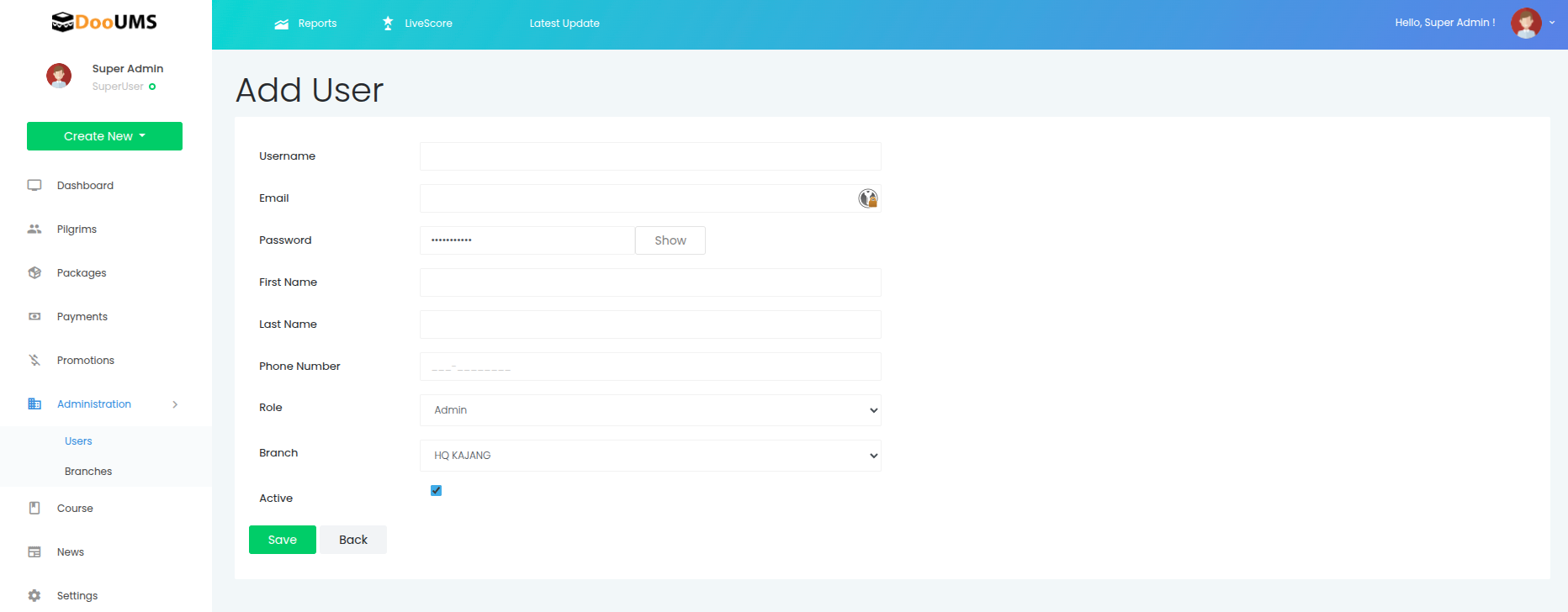 Create Users Interface